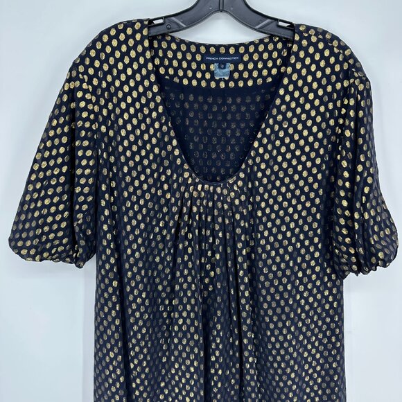 3/$25 French Connection Silk Tunic Mini Dress 10 Metallic Polka Dots Navy Blue - Picture 5 of 11